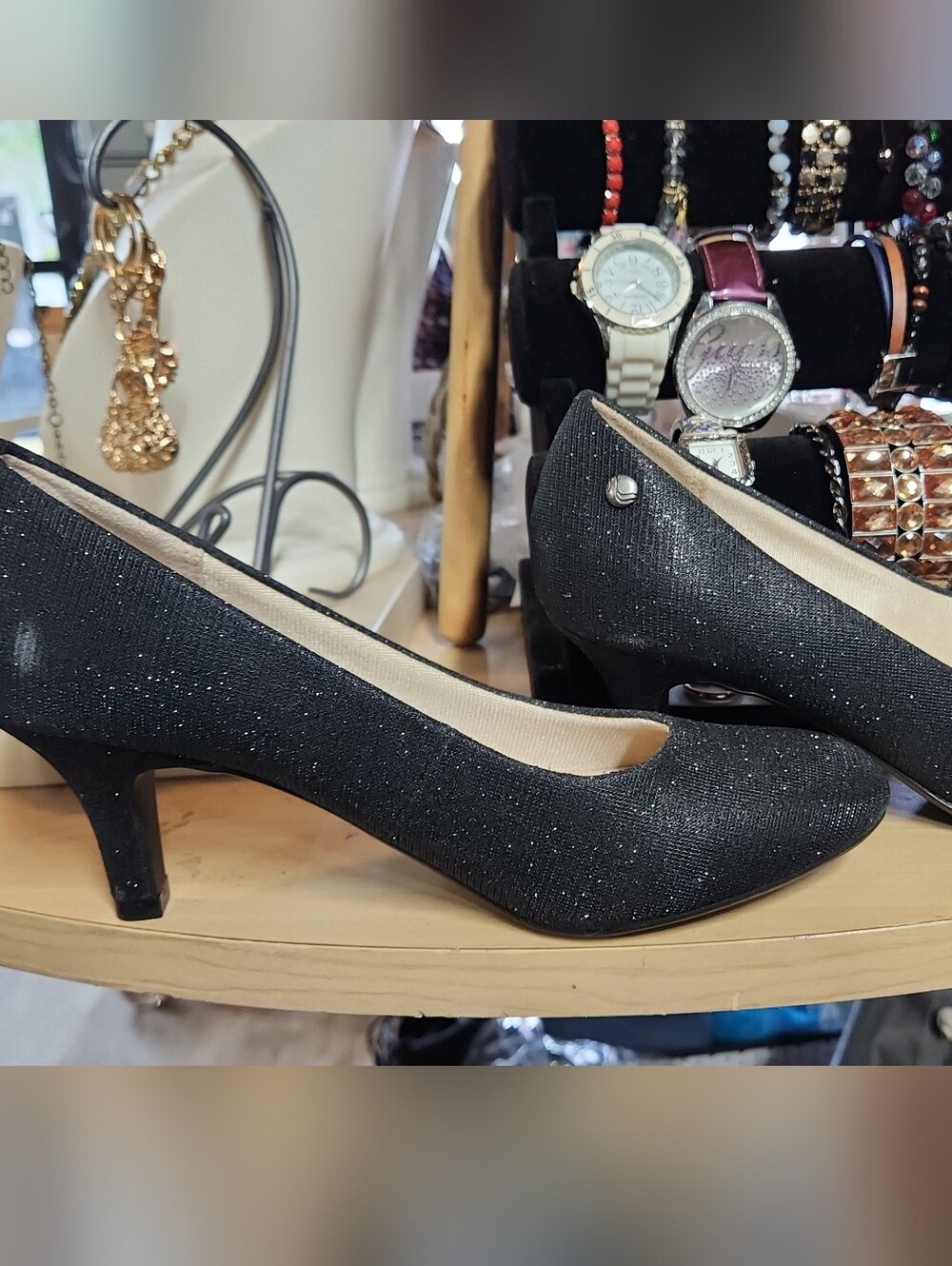 Life Stride Black Glitter Mid Heel Pumps